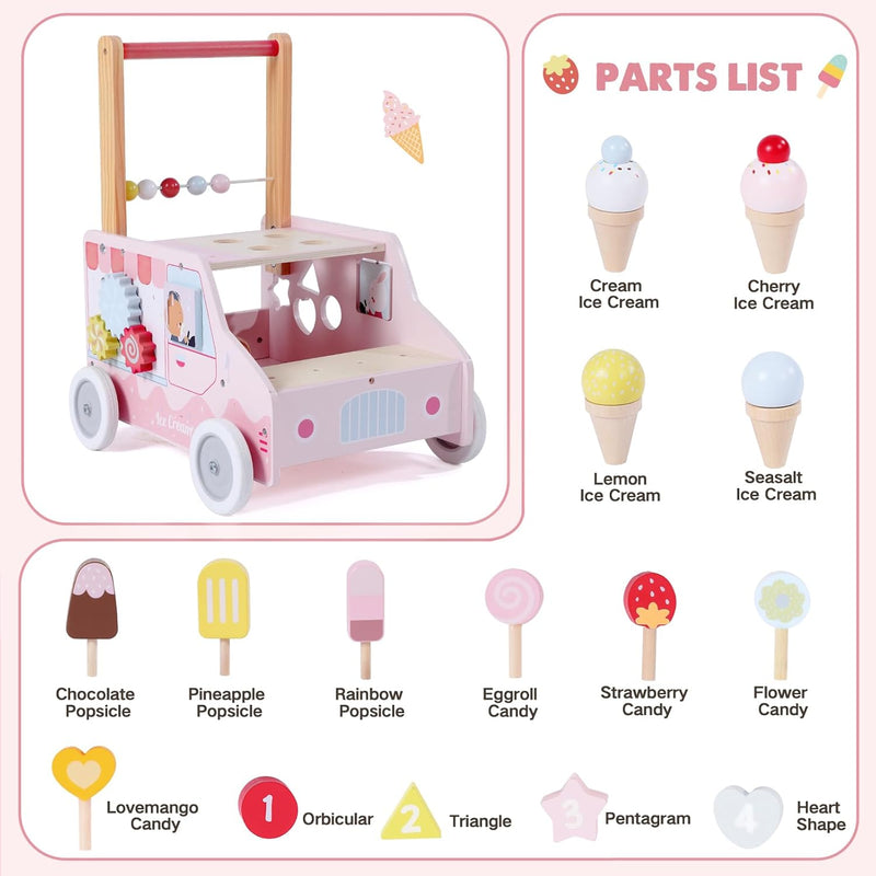 Wooden Baby Walker, Push Activity Walker Toys for Kids, Multifunctional Ice Cream Cart Activity Toy, Adjustable Speed Learning Walking, Birthday Gift for Boys&Girls