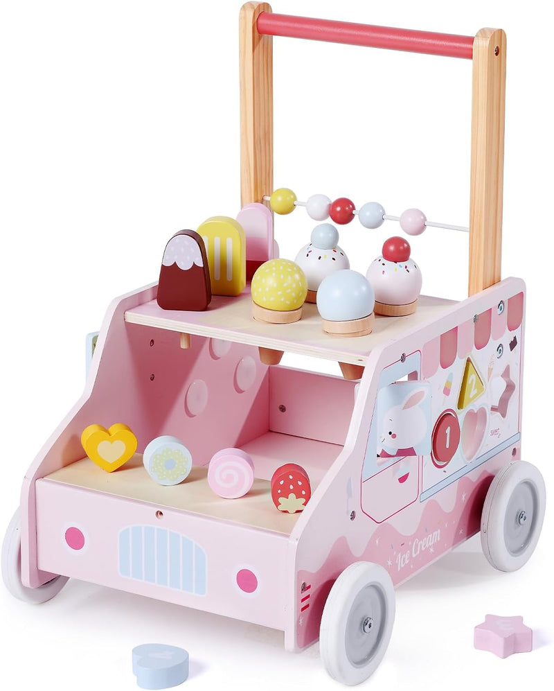 Wooden Baby Walker, Push Activity Walker Toys for Kids, Multifunctional Ice Cream Cart Activity Toy, Adjustable Speed Learning Walking, Birthday Gift for Boys&Girls