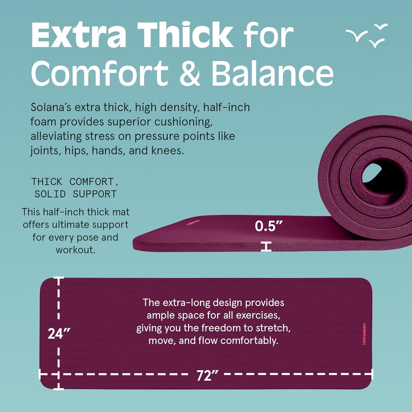 Retrospec Solana Yoga Mat 1/2" Thick w/Nylon Strap for Men & Women - Non Slip Excercise Mat for Yoga, Pilates, Stretching, Floor & Fitness Workouts