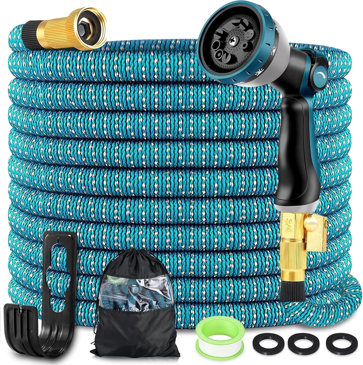 Garden Hose 100ft Expandable Water Hose with 10 Function Nozzle,3/4" Solid Brass Fittings, Lightweight, Durable, No-Kink Retractable Gardening Water Pipe for Lawn Yard Garden Outdoor,Blue