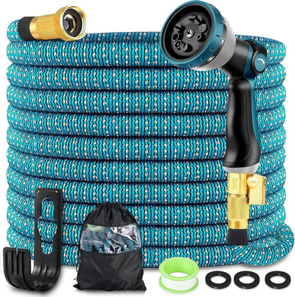 Garden Hose 100ft Expandable Water Hose with 10 Function Nozzle,3/4" Solid Brass Fittings, Lightweight, Durable, No-Kink Retractable Gardening Water Pipe for Lawn Yard Garden Outdoor,Blue
