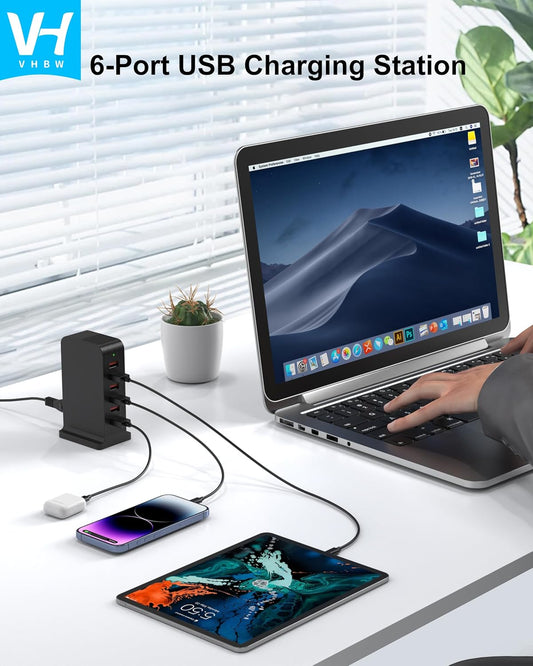 VHBW USB Tower Charging Station for Multiple Devices 50W, Charger Block 6 USB Ports(Shared 10A), Charging Station for Multiple Electronics,Multi Charger (Black) - PuriLite