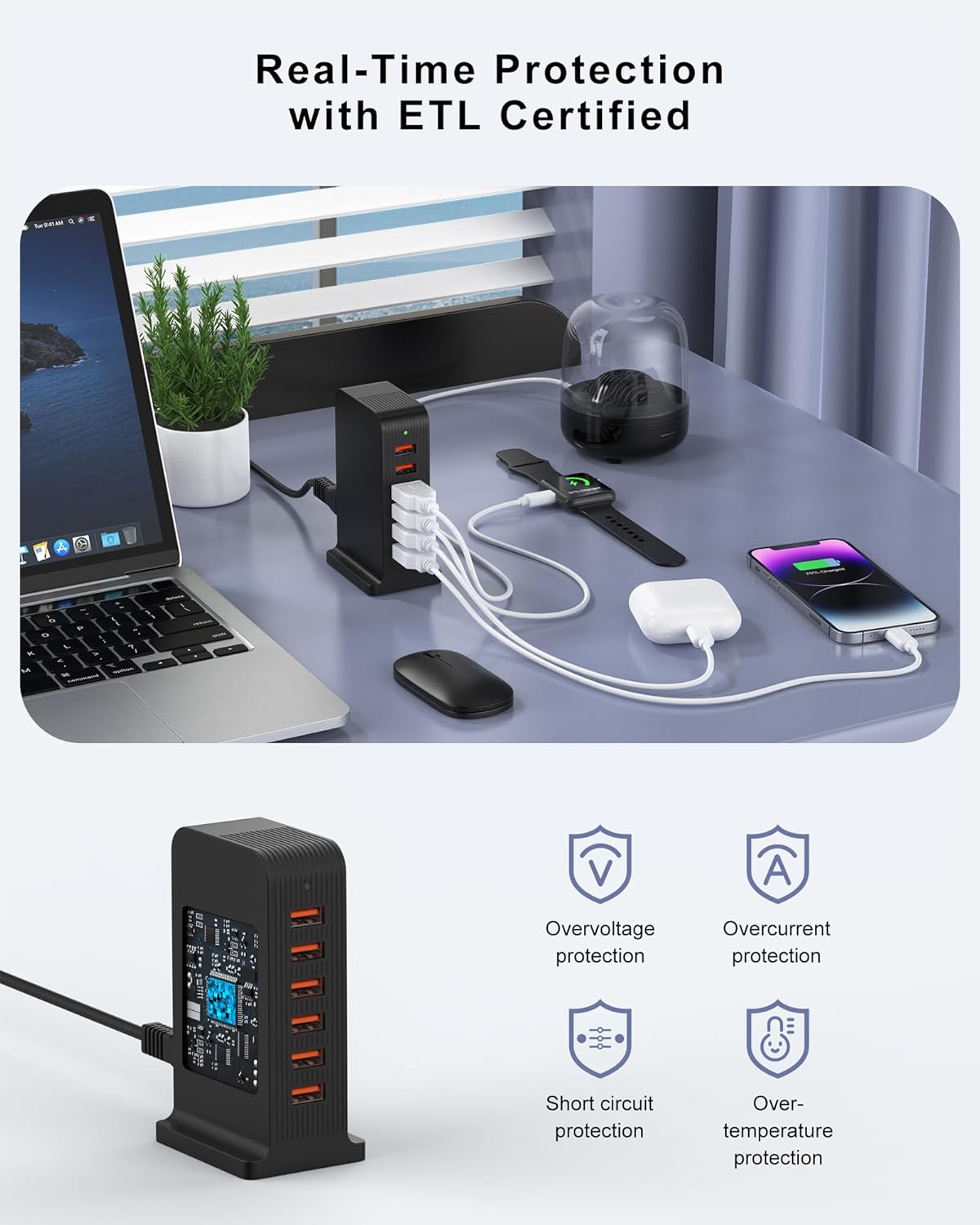 VHBW USB Tower Charging Station for Multiple Devices 50W, Charger Block 6 USB Ports(Shared 10A), Charging Station for Multiple Electronics,Multi Charger (Black)