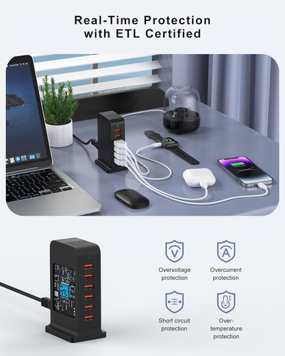VHBW USB Tower Charging Station for Multiple Devices 50W, Charger Block 6 USB Ports(Shared 10A), Charging Station for Multiple Electronics,Multi Charger (Black)