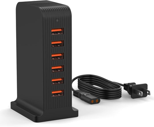 VHBW USB Tower Charging Station for Multiple Devices 50W, Charger Block 6 USB Ports(Shared 10A), Charging Station for Multiple Electronics,Multi Charger (Black)