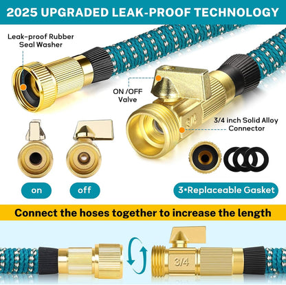 Garden Hose 100ft Expandable Water Hose with 10 Function Nozzle,3/4" Solid Brass Fittings, Lightweight, Durable, No-Kink Retractable Gardening Water Pipe for Lawn Yard Garden Outdoor,Blue