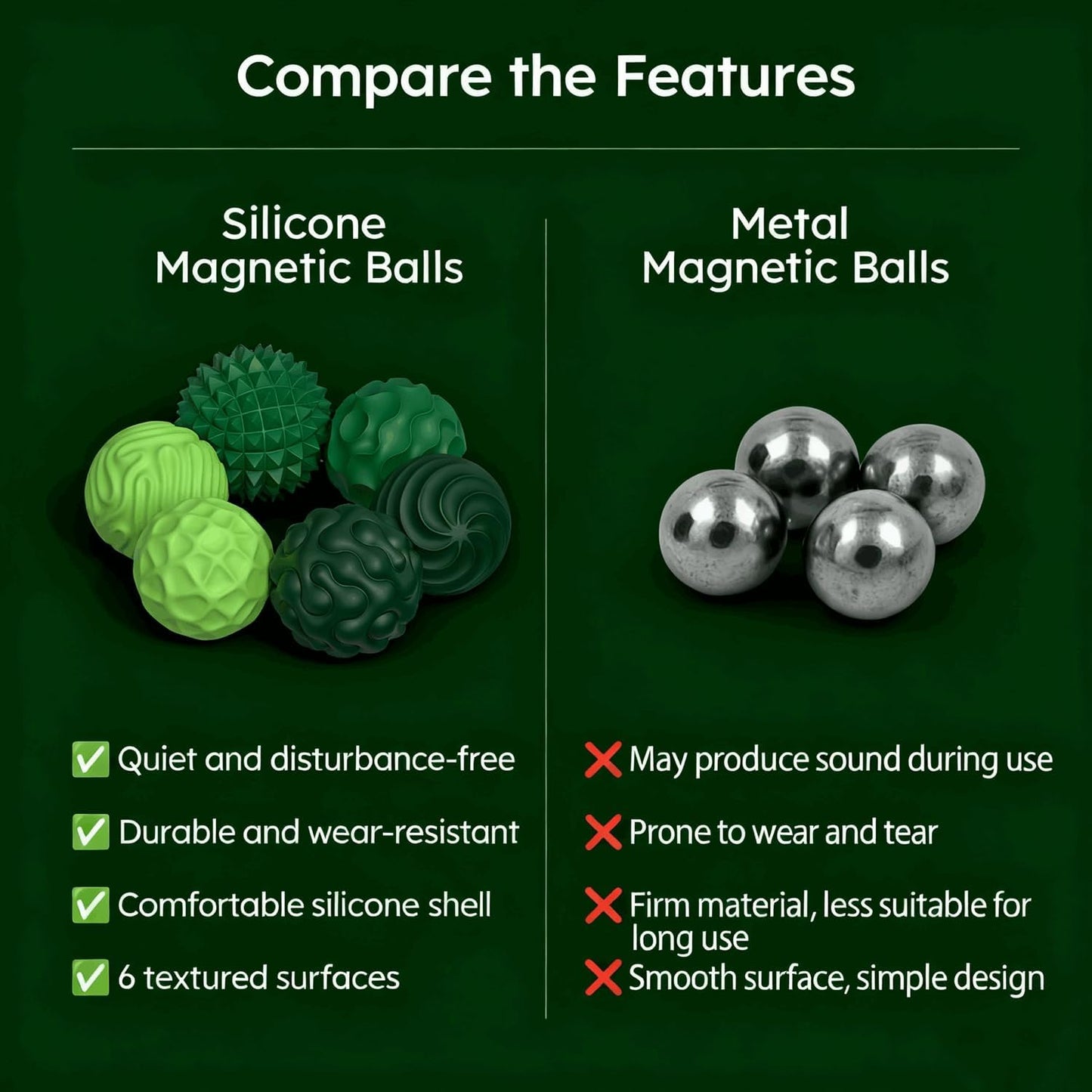 Silicone Magnetic Balls Fidget Toys – 6PCS Stress Relief Sensory Balls for Adults & Teens, Anxiety & ADHD Calm, Quiet Desk Toy for Focus, Portable Sensory Relief (Green) - PuriLite