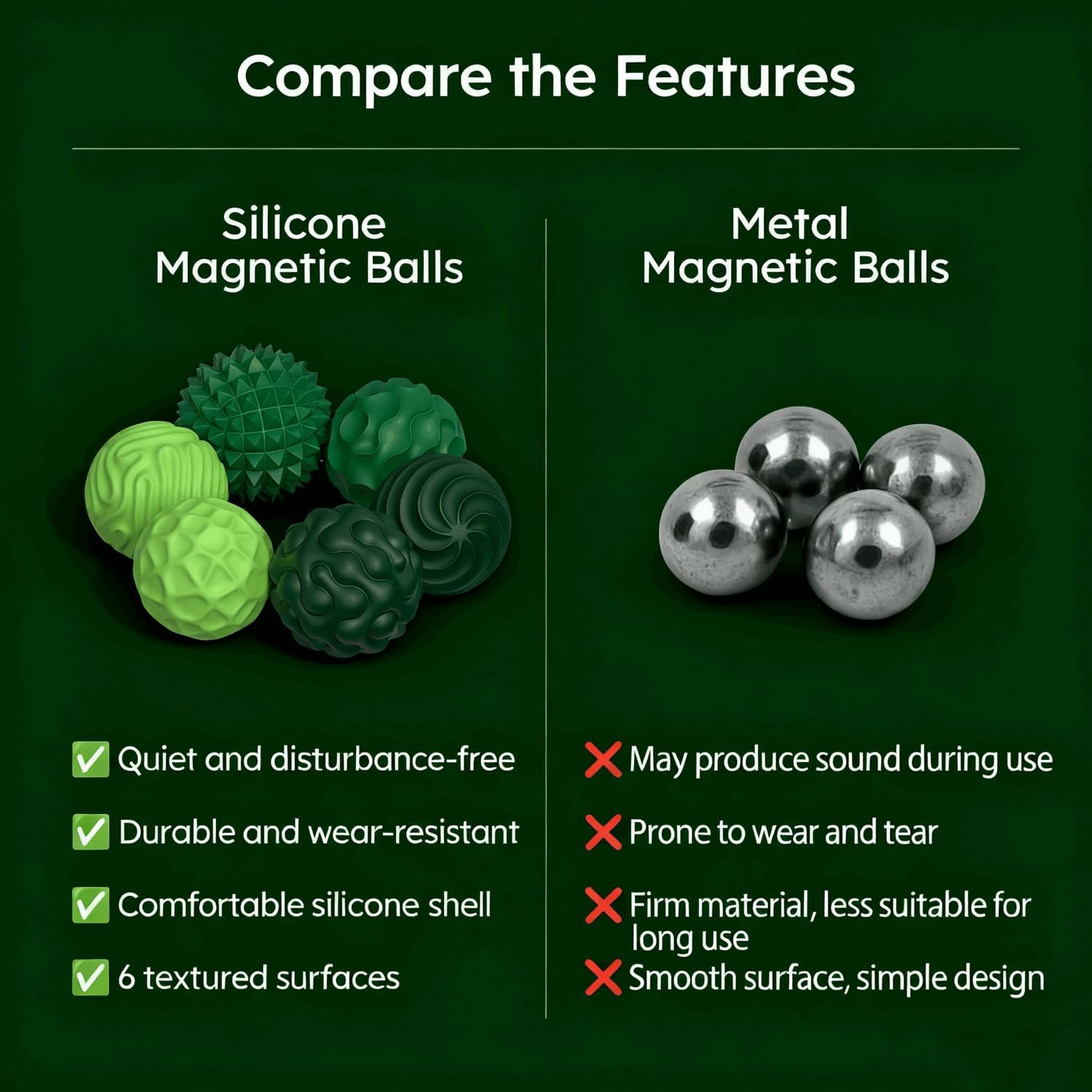 Silicone Magnetic Balls Fidget Toys – 6PCS Stress Relief Sensory Balls for Adults & Teens, Anxiety & ADHD Calm, Quiet Desk Toy for Focus, Portable Sensory Relief (Green) - PuriLite
