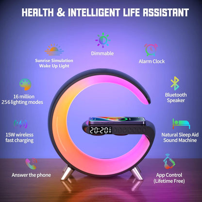 Wireless Charger Atmosphere Lamp – Smart LED Table Lamp with Bluetooth Speaker – Dimmable Night Light Alarm Clock with App Control & Music Sync - PuriLite