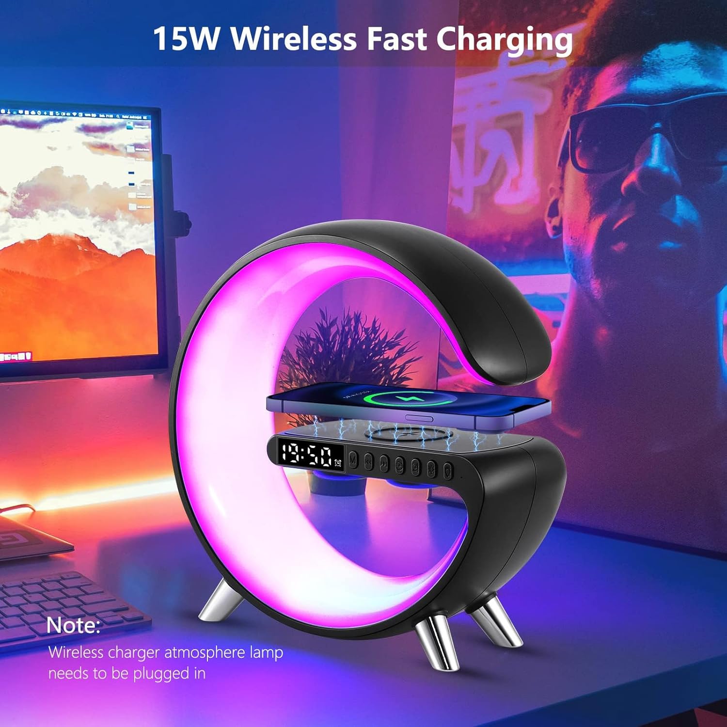 Wireless Charger Atmosphere Lamp – Smart LED Table Lamp with Bluetooth Speaker – Dimmable Night Light Alarm Clock with App Control & Music Sync - PuriLite