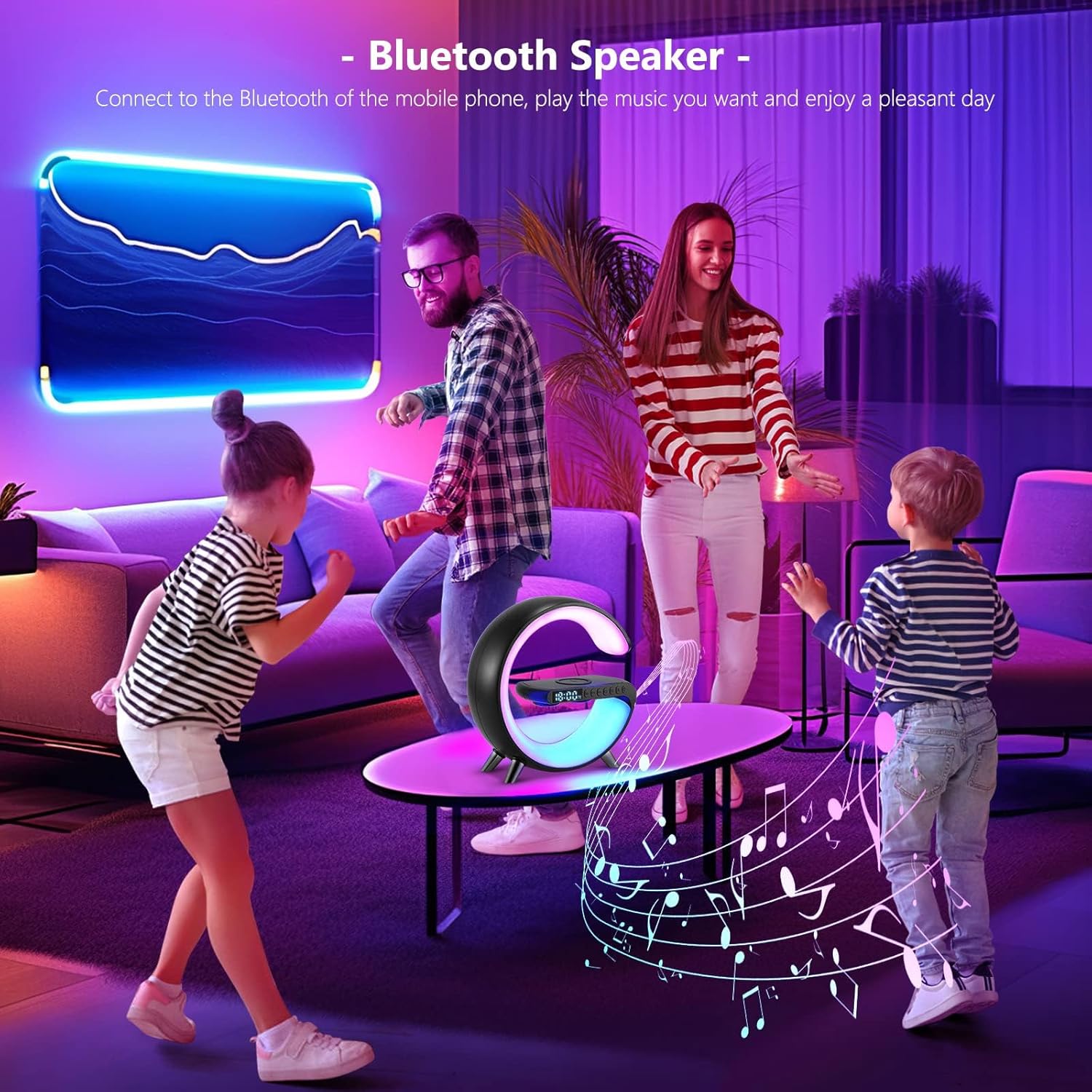 Wireless Charger Atmosphere Lamp – Smart LED Table Lamp with Bluetooth Speaker – Dimmable Night Light Alarm Clock with App Control & Music Sync - PuriLite