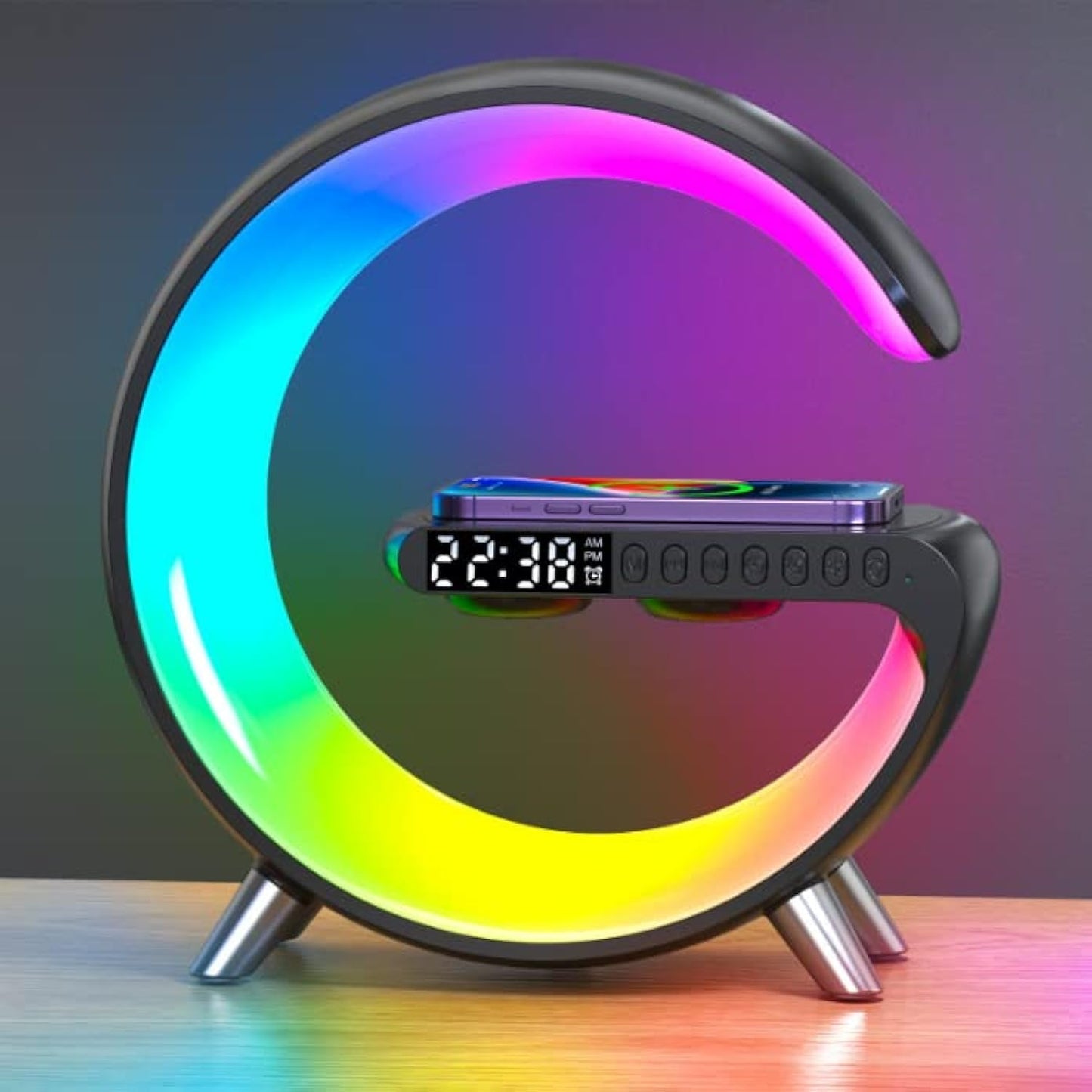 Wireless Charger Atmosphere Lamp – Smart LED Table Lamp with Bluetooth Speaker – Dimmable Night Light Alarm Clock with App Control & Music Sync - PuriLite