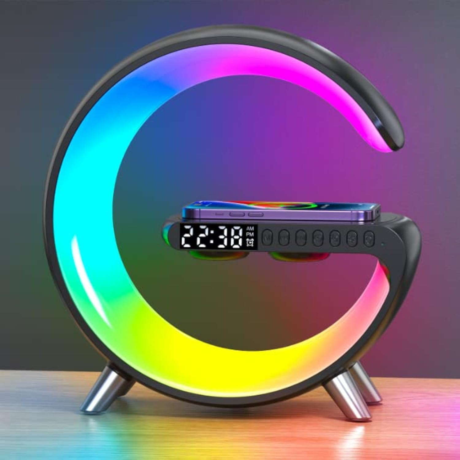 Wireless Charger Atmosphere Lamp – Smart LED Table Lamp with Bluetooth Speaker – Dimmable Night Light Alarm Clock with App Control & Music Sync - PuriLite
