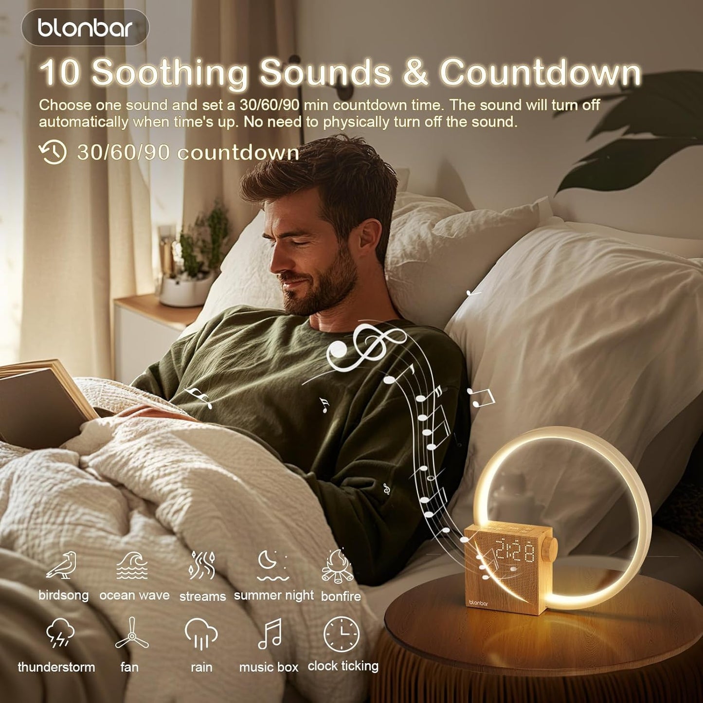 Sunrise Alarm Clock for Heavy Sleepers – Wake Up Light with Dual Alarms – 4-Level Dimmable Night Light with Natural Sounds & Snooze for Bedrooms