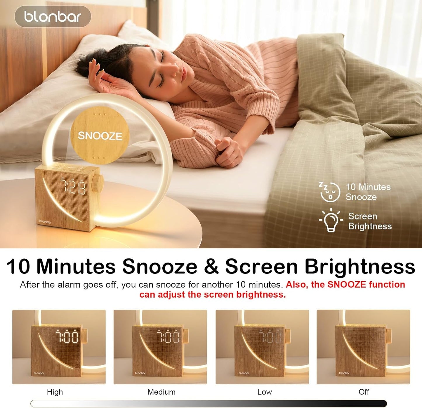 Sunrise Alarm Clock for Heavy Sleepers – Wake Up Light with Dual Alarms – 4-Level Dimmable Night Light with Natural Sounds & Snooze for Bedrooms
