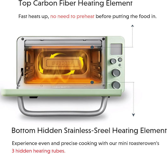 BUYDEEM T103 Multifunction Toaster Oven, No Pre-Heat Needed, 12QT 7-in-1 Mini Smart Digital Toaster Oven with Grill Rack and Baking Tray, 1600W (Cozy Greenish) - PuriLite