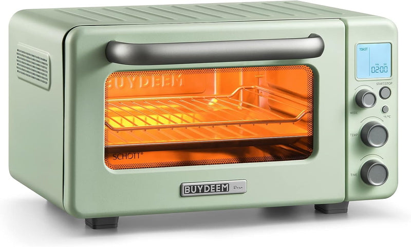 BUYDEEM T103 Multifunction Toaster Oven, No Pre-Heat Needed, 12QT 7-in-1 Mini Smart Digital Toaster Oven with Grill Rack and Baking Tray, 1600W (Cozy Greenish)