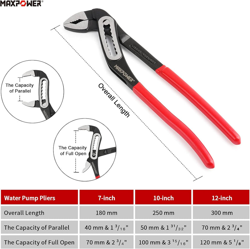 MAXPOWER 3 Pcs Water Pump Pliers, 40% Wider Opening Plumbing Pliers Curved Jaw Quick Adjustment Pliers Set (12 in. 10 in. 7 in.)