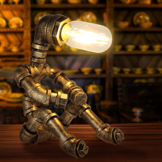 Steampunk Robot Table Lamp – Vintage Industrial Metal Pipe Desk Light – Retro Water Pipe Lamp