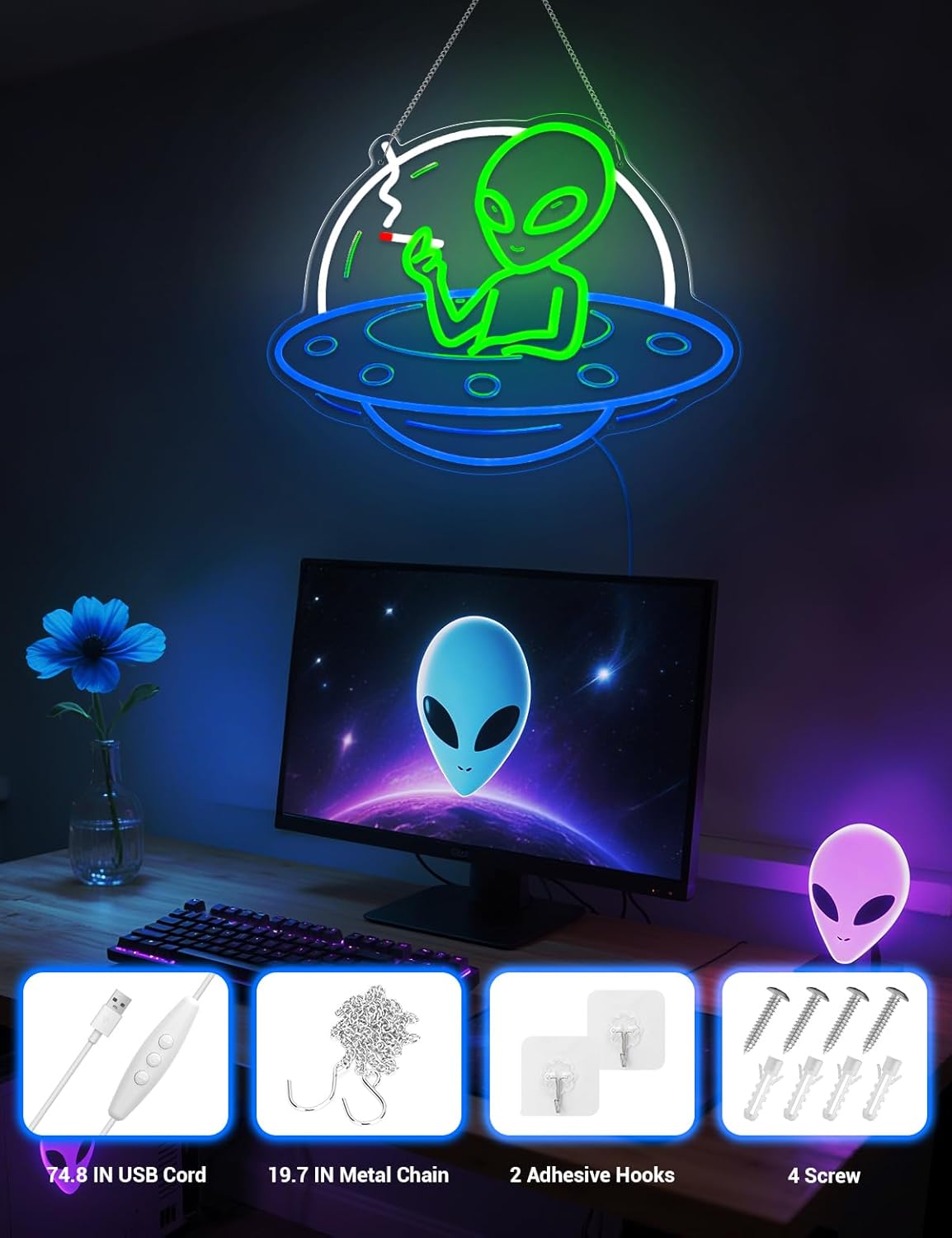 Alien UFO Neon Sign – LED Neon Wall Light for Man Cave, Gaming Room & Bar – USB Dimmable Sci-Fi Alien Wall Decor - PuriLite