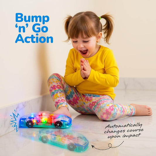 Light-Up Transparent Sensory Car Toy for Kids | Bump and Go with Colorful Gears, Music & LED Effects | Easter & Birthday Gift for Toddlers Ages 3+ - PuriLite