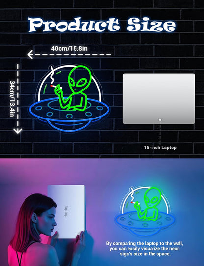 Alien UFO Neon Sign – LED Neon Wall Light for Man Cave, Gaming Room & Bar – USB Dimmable Sci-Fi Alien Wall Decor - PuriLite
