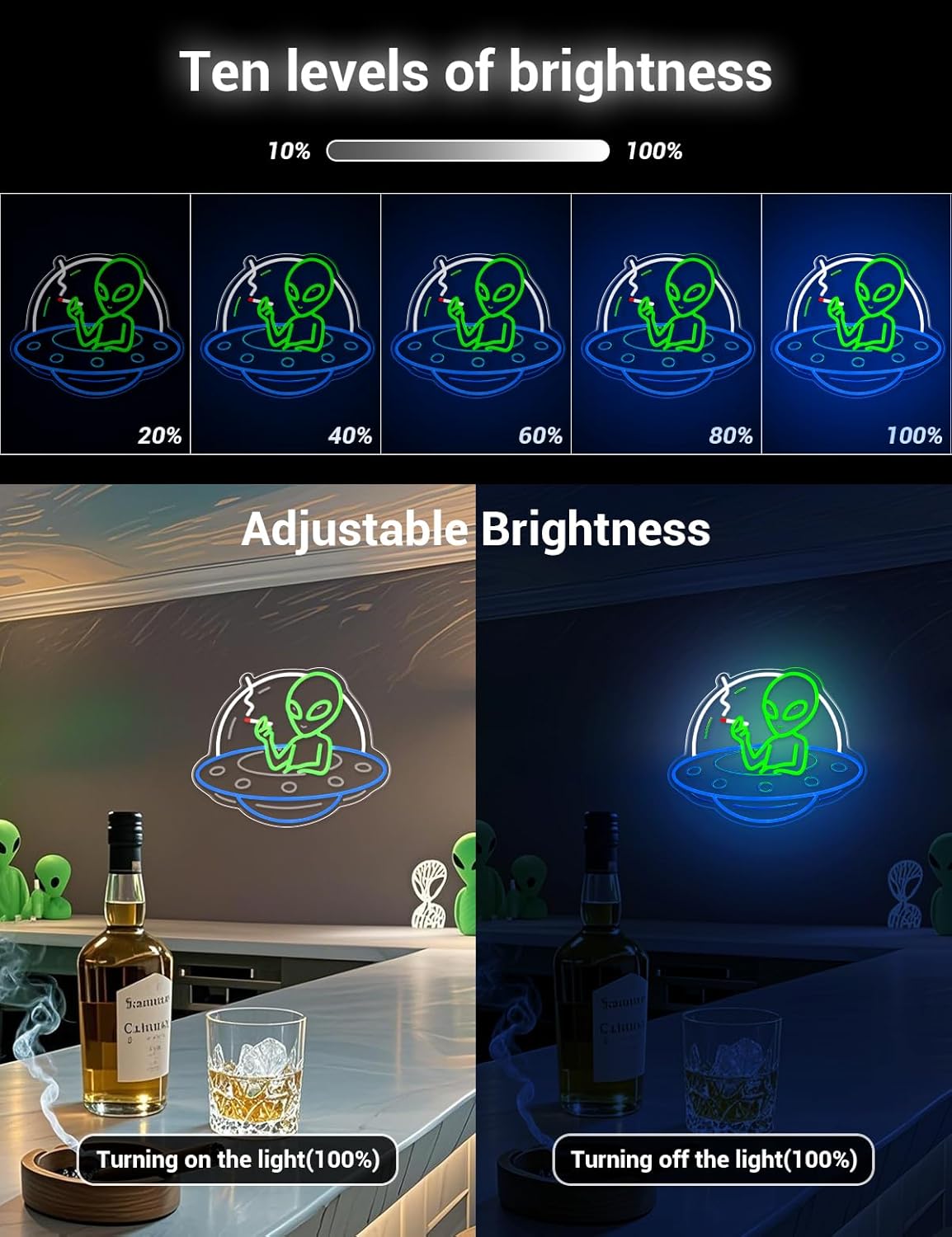 Alien UFO Neon Sign – LED Neon Wall Light for Man Cave, Gaming Room & Bar – USB Dimmable Sci-Fi Alien Wall Decor - PuriLite