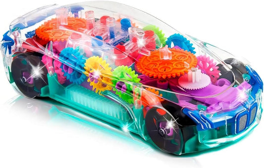 Light-Up Transparent Sensory Car Toy for Kids | Bump and Go with Colorful Gears, Music & LED Effects | Easter & Birthday Gift for Toddlers Ages 3+ - PuriLite