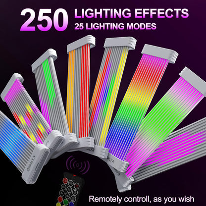 RGB PSU Cable Extension Kit – ARGB 24-Pin Motherboard & Dual 8-Pin GPU Cables – 120 LED Lighting Panels with Remote Control - PuriLite
