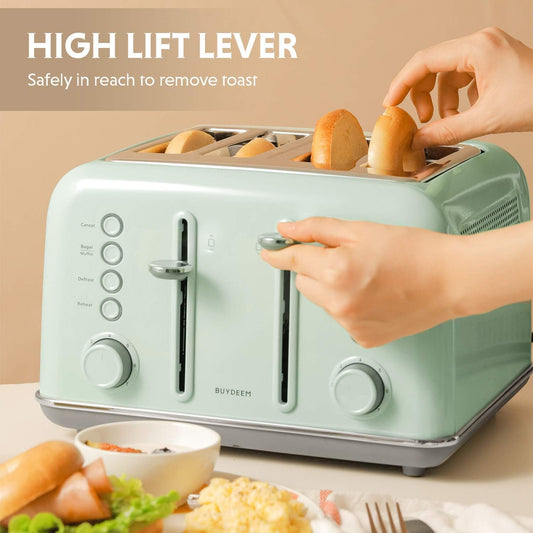 BUYDEEM DT640 4 Slice Toaster, Extra Wide Slots, Retro Stainless Steel with High Lift Lever, Bagel and Muffin Function, Removal Crumb Tray, 7-Shade Settings (Cozy Greenish, 4-Slice) - PuriLite
