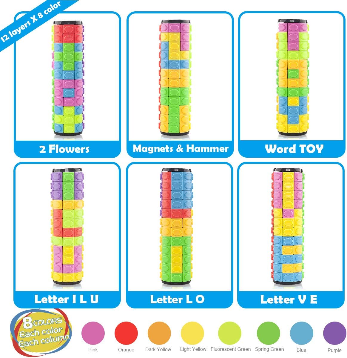 R.Y.TOYS 3D Magic Cube Puzzle | Rotating & Sliding Brain Teaser for Kids, Teens & Adults | Logic Puzzle Toy for Stress Relief, Focus & Gift (8 Colors x 12 Layers) - PuriLite