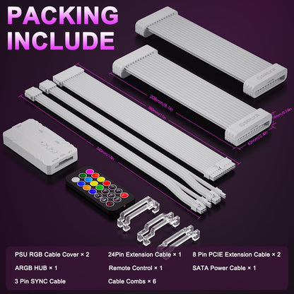 RGB PSU Cable Extension Kit – ARGB 24-Pin Motherboard & Dual 8-Pin GPU Cables – 120 LED Lighting Panels with Remote Control - PuriLite