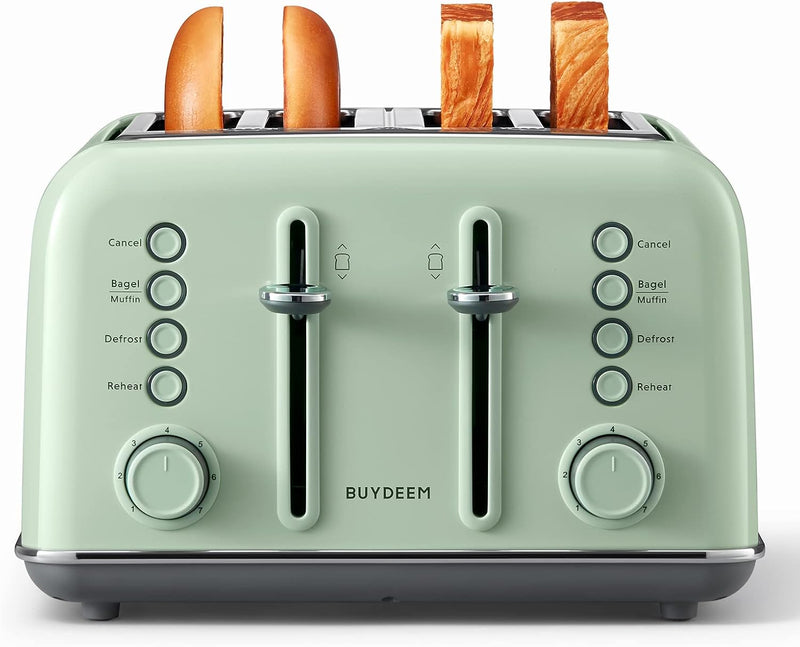 BUYDEEM DT640 4 Slice Toaster, Extra Wide Slots, Retro Stainless Steel with High Lift Lever, Bagel and Muffin Function, Removal Crumb Tray, 7-Shade Settings (Cozy Greenish, 4-Slice)