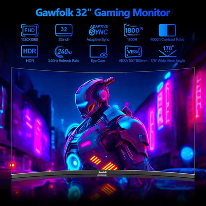 Gawfolk 32-Inch Curved Gaming Monitor – 240Hz FHD 1080P – 1800R Frameless PC Screen – FreeSync – DisplayPort & HDMI – Wall Mount Ready