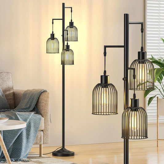 Stepless Dimmable Floor Lamps with Hanging Lampshades 3 Lights Boho Floor Lamps with 3 PCS 6W Bulbs Tree Standing Lamp Tall Pole Lamp for Living Room Bedroom Office, Black