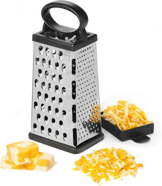 Starfrit Stainless Steel 4-Sided Boxed Grater with Removable Base Cover and Measuring Cup - Corner Cut-Outs to Measure Output (2025 Version)