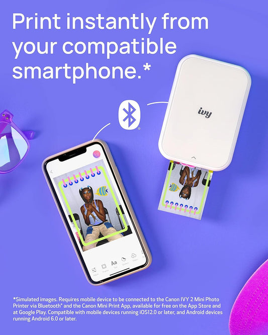 Canon Ivy 2 Mini Photo Printer, Print from Compatible iOS & Android Devices, Sticky-Back Prints , Pure White - PuriLite