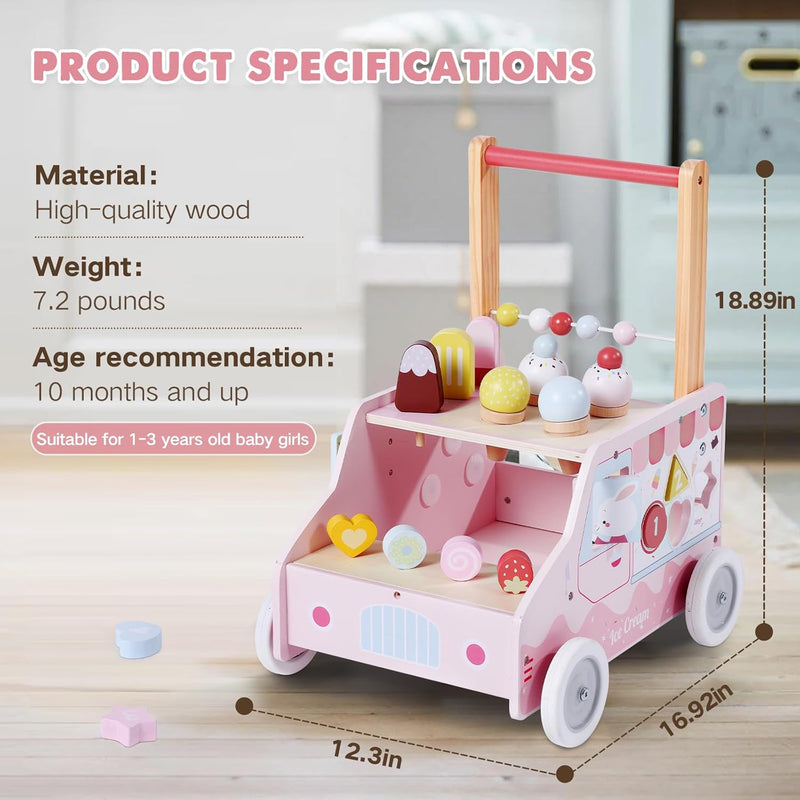 Wooden Baby Walker, Push Activity Walker Toys for Kids, Multifunctional Ice Cream Cart Activity Toy, Adjustable Speed Learning Walking, Birthday Gift for Boys&Girls