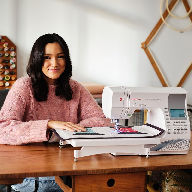 SINGER Quantum Stylist 9960 Computerized Sewing & Quilting Machine with Extension Table & Accessory Kit | 600 built-in stitches & Lettering, Full Metal Frame, LED Light & High-End Touch buttons