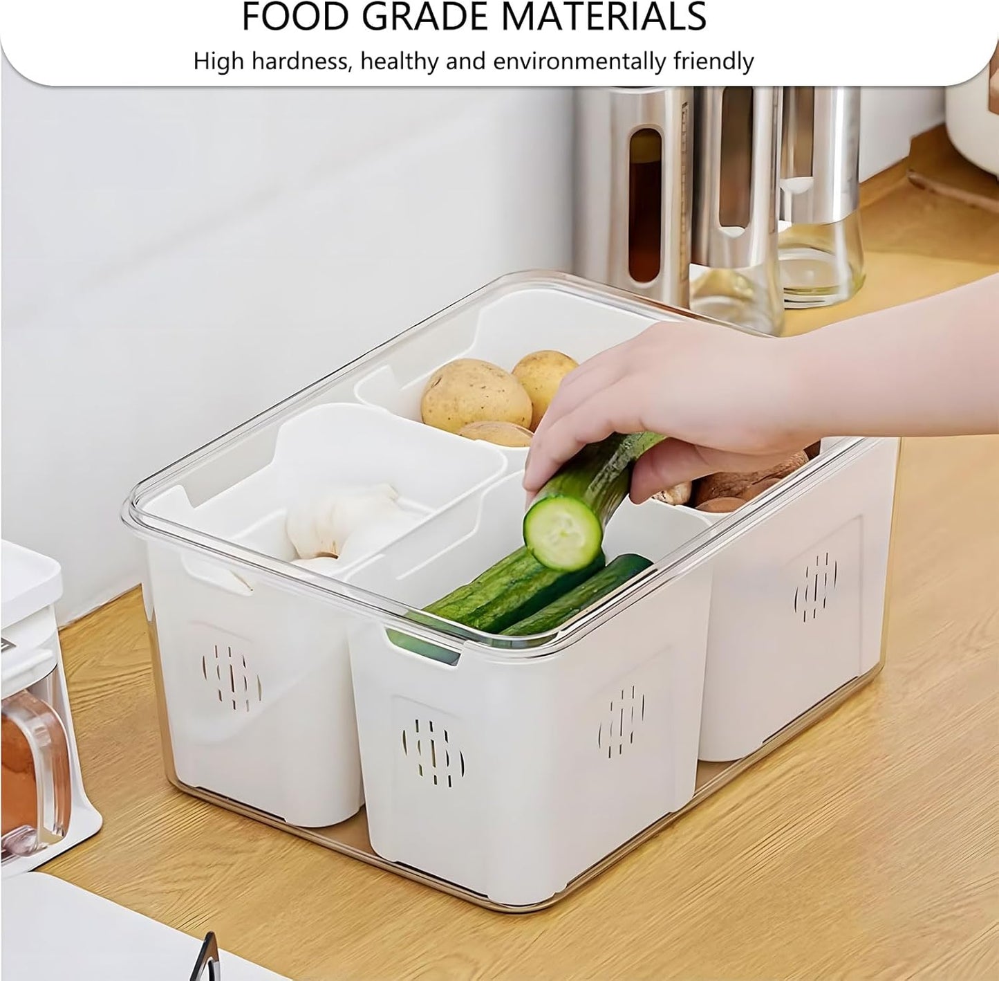 Fridge Organizer with Lids,4 Compartment Airtight Veggie Fruit Storage Containers for Fridge with Handle,Stackable Organizer,Fresh Produce Saver for Food and Storage for Fruit,Veggie