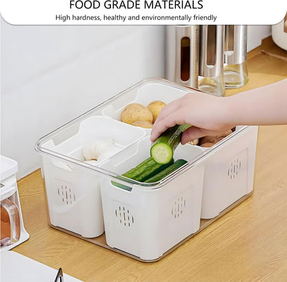 Fridge Organizer with Lids,4 Compartment Airtight Veggie Fruit Storage Containers for Fridge with Handle,Stackable Organizer,Fresh Produce Saver for Food and Storage for Fruit,Veggie