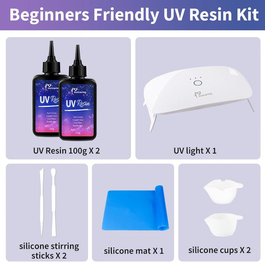 UV Resin Kit 200g with UV Light, Upgraded Formula & Crystal Clear UV Resin for Jewlery Making, 100g*2 Resin UV Kit with Light for Earring, Pendant, DIY