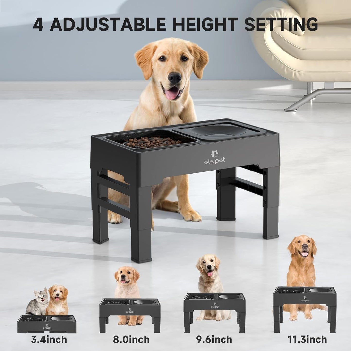 ELS Raised Dog Bowl – Adjustable Height Slow Feeder & Splash-Proof Water Bowl – Foldable Pet Bowl for Neck & Joint Relief