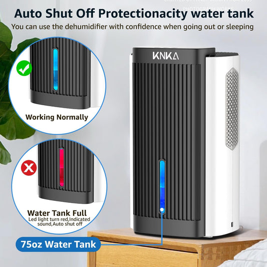 KNKA Dehumidifier,75 OZ Water Tank, (800 sq. ft) Quiet Dehumidifier for Basement, Bathroom, RV, Closet, Bedroom with Auto Shut Off, Sleep Mode,7 Colors LED Light, Dehumidifiers for Home (White/Black)