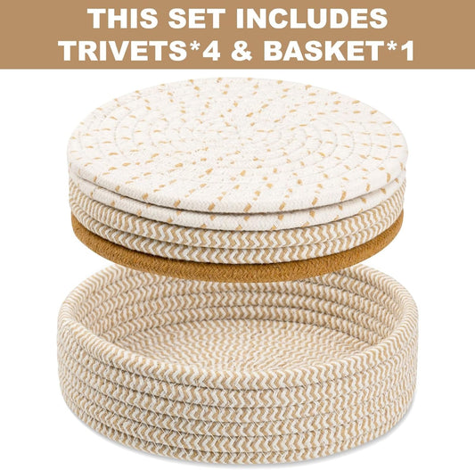 Trivets for Hot Dishes, Trivets for Hot Pots and Pans, Cotton Coasters 5 Pcs and Storage Basket 1 Pack, Pot Holders for Kitchen, Hot Pads for Table, Hot Mats Protect Countertops (Brown 5 Pcs) - PuriLite