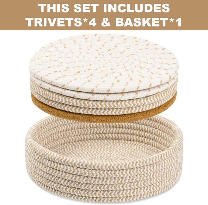 Trivets for Hot Dishes, Trivets for Hot Pots and Pans, Cotton Coasters 5 Pcs and Storage Basket 1 Pack, Pot Holders for Kitchen, Hot Pads for Table, Hot Mats Protect Countertops (Brown 5 Pcs)
