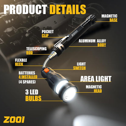 Telescoping Magnetic Pickup Tool with LED Light, Extendable Flexible Retrieval Tool, Compact Aluminum Handheld Tool for Home, Workshop, and Repair Tasks - PuriLite