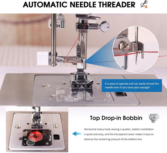 FEIYUE FYe360 Sewing Machine with Foot Pedal, Needle Position Choice, LCD Display, Automatic Needle Threader, 23 Built-in Stitches (White) - PuriLite