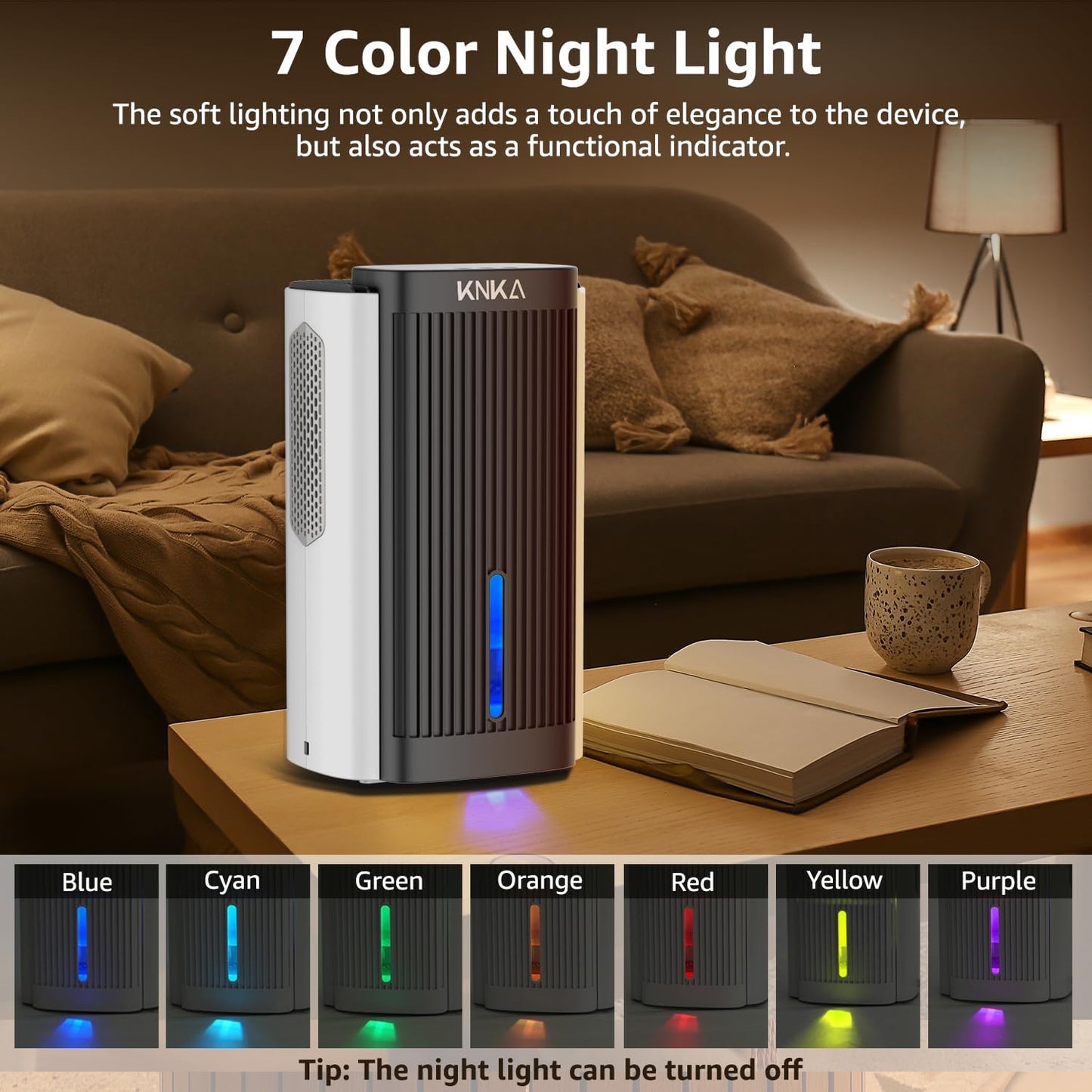 KNKA Dehumidifier,75 OZ Water Tank, (800 sq. ft) Quiet Dehumidifier for Basement, Bathroom, RV, Closet, Bedroom with Auto Shut Off, Sleep Mode,7 Colors LED Light, Dehumidifiers for Home (White/Black)
