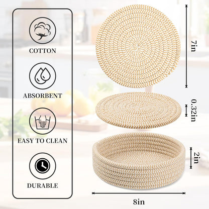 Trivets for Hot Dishes, Trivets for Hot Pots and Pans, Cotton Coasters 5 Pcs and Storage Basket 1 Pack, Pot Holders for Kitchen, Hot Pads for Table, Hot Mats Protect Countertops (Brown 5 Pcs)